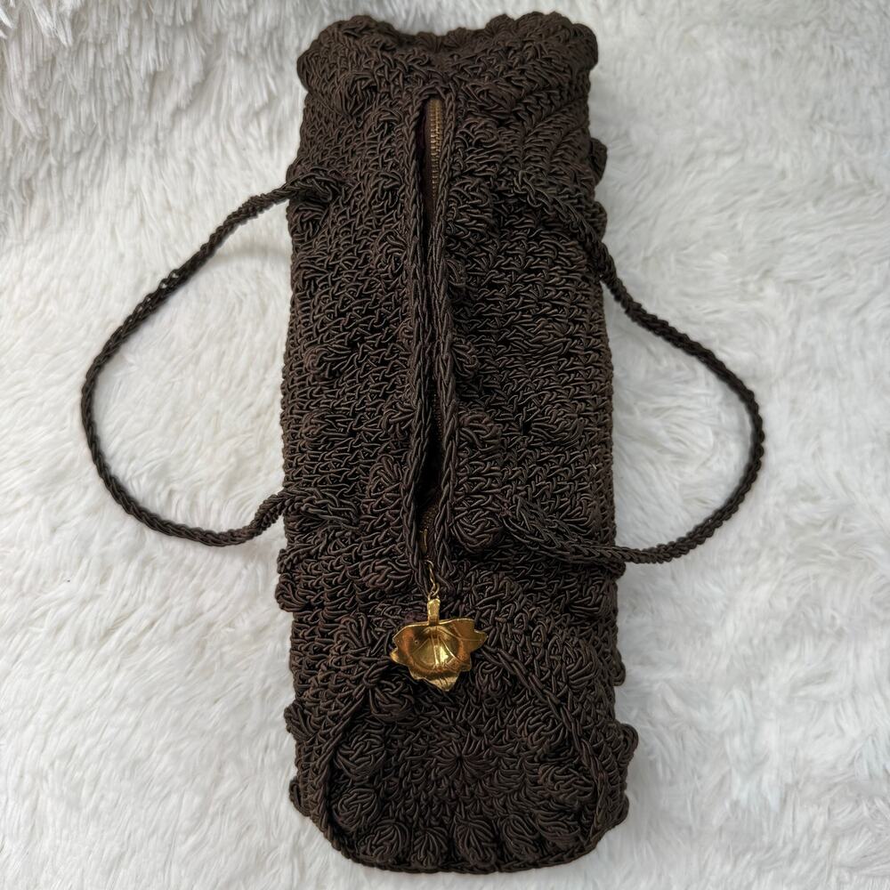 1940s Vintage Brown Cordé Crochet Handbag Gold Leaf Pull Double Handle 14” - Picture 6 of 16
